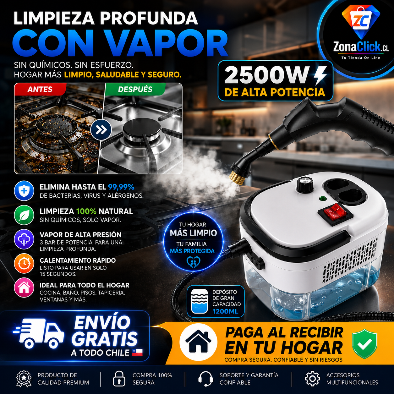 Limpiadora a Vapor Multiuso Elimina Grasa - ENVÍO GRATIS - PAGA AL RECIBIR✅