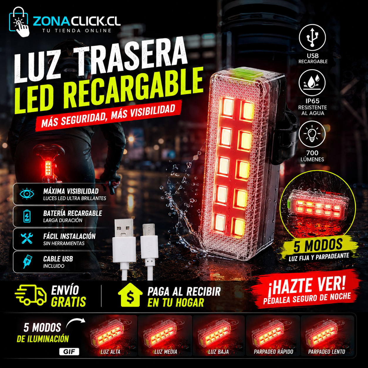 🚴♂️ LUZ LED TRASERA PARA BICICLETA 🚴 RUPU ON + ENVÍO GRATIS🏡