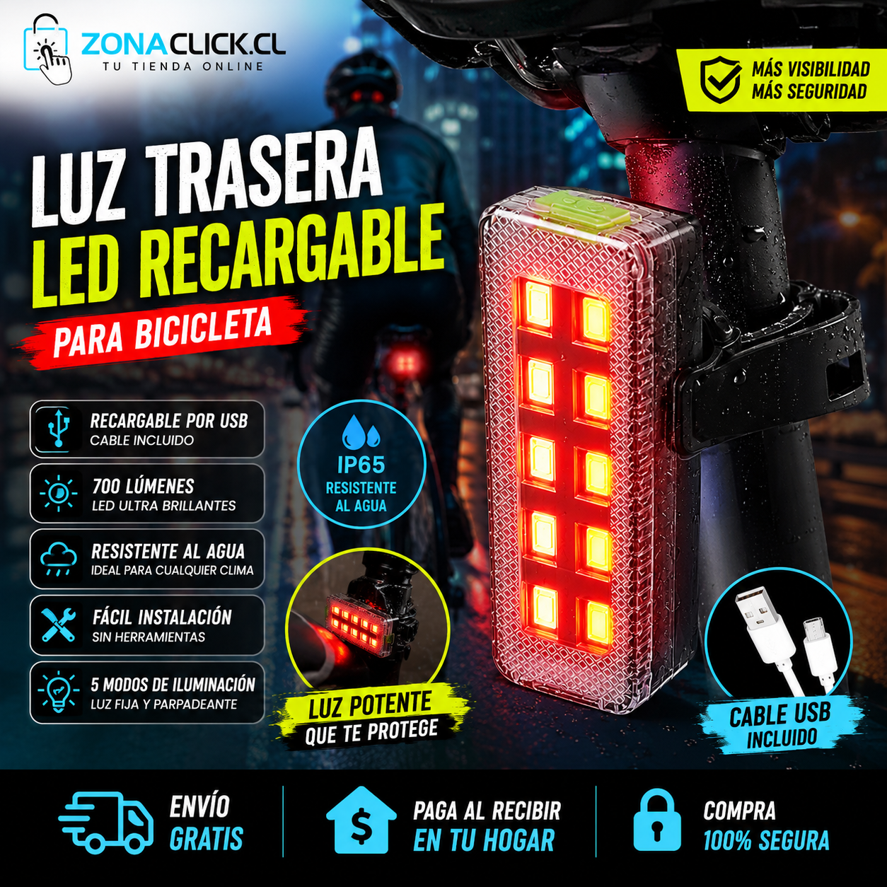 🚴♂️ LUZ LED TRASERA PARA BICICLETA 🚴 RUPU ON + ENVÍO GRATIS🏡