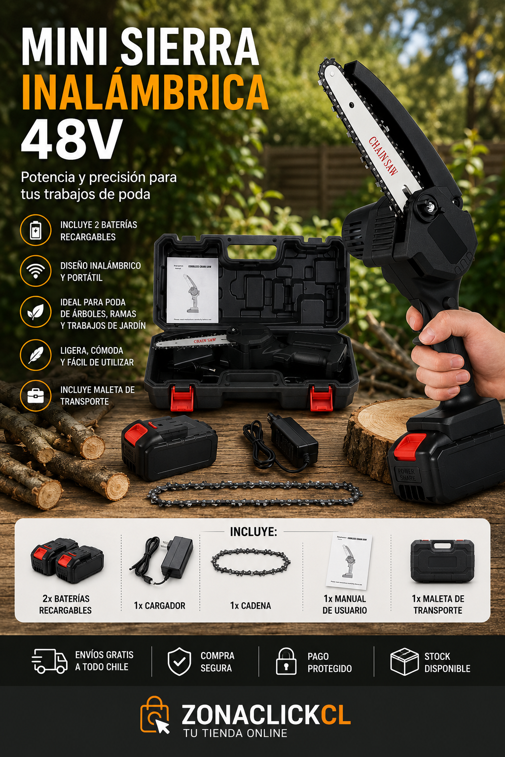 Kit Mini Motosierra Inalámbrica 48v 2 Baterías + ENVÍO GRATIS