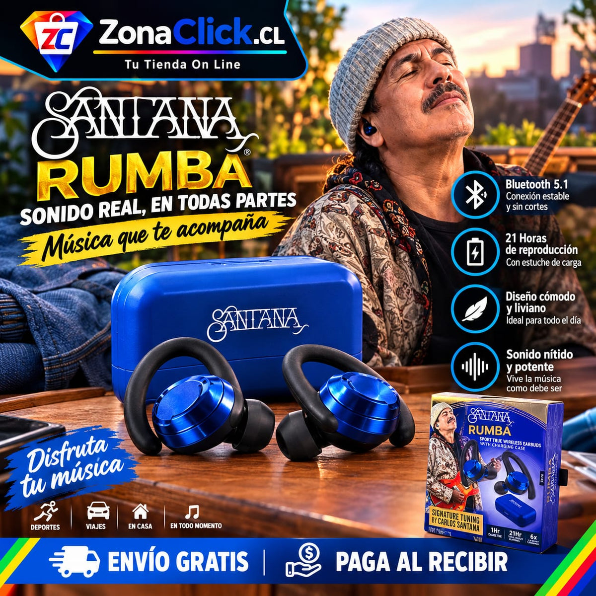 🎶Santana Rumba Auriculares Bluetooth 5.1 🚚ENVÍO GRATIS + PAGO AL RECIBIR🏠