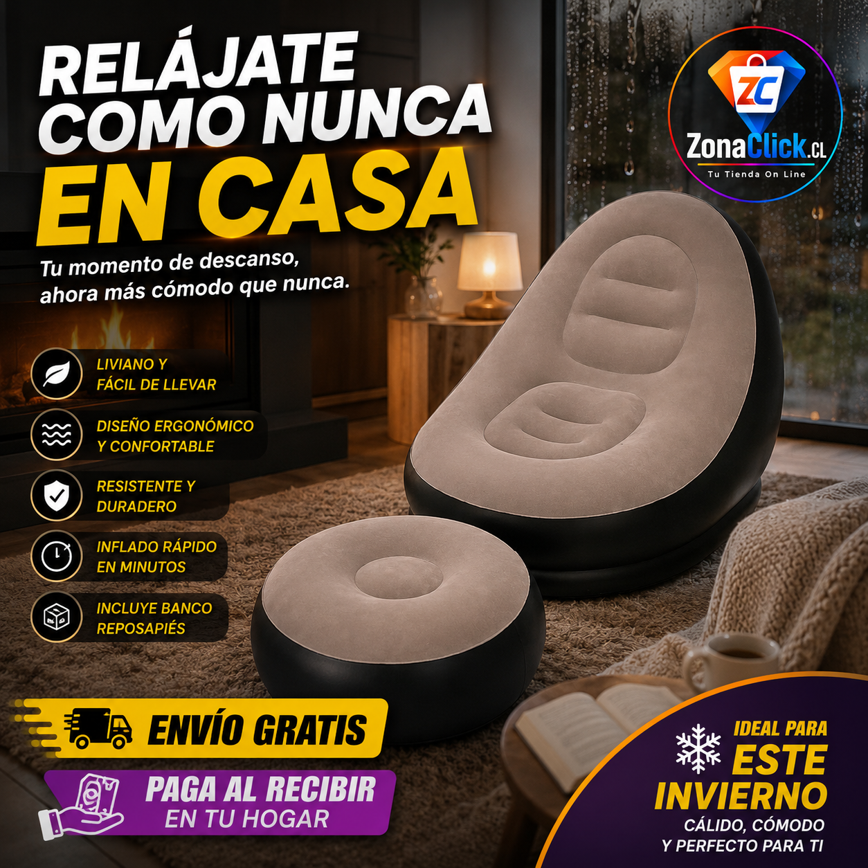Sofá Inflable + Reposa Pies de Regalo + 🚚 ENVÍO GRATIS + PAGA AL RECIBIR 🏡