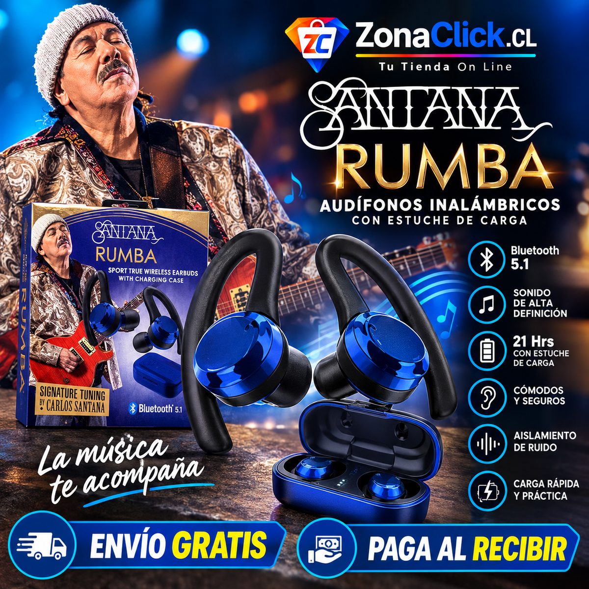🎶Santana Rumba Auriculares Bluetooth 5.1 🚚ENVÍO GRATIS + PAGO AL RECIBIR🏠