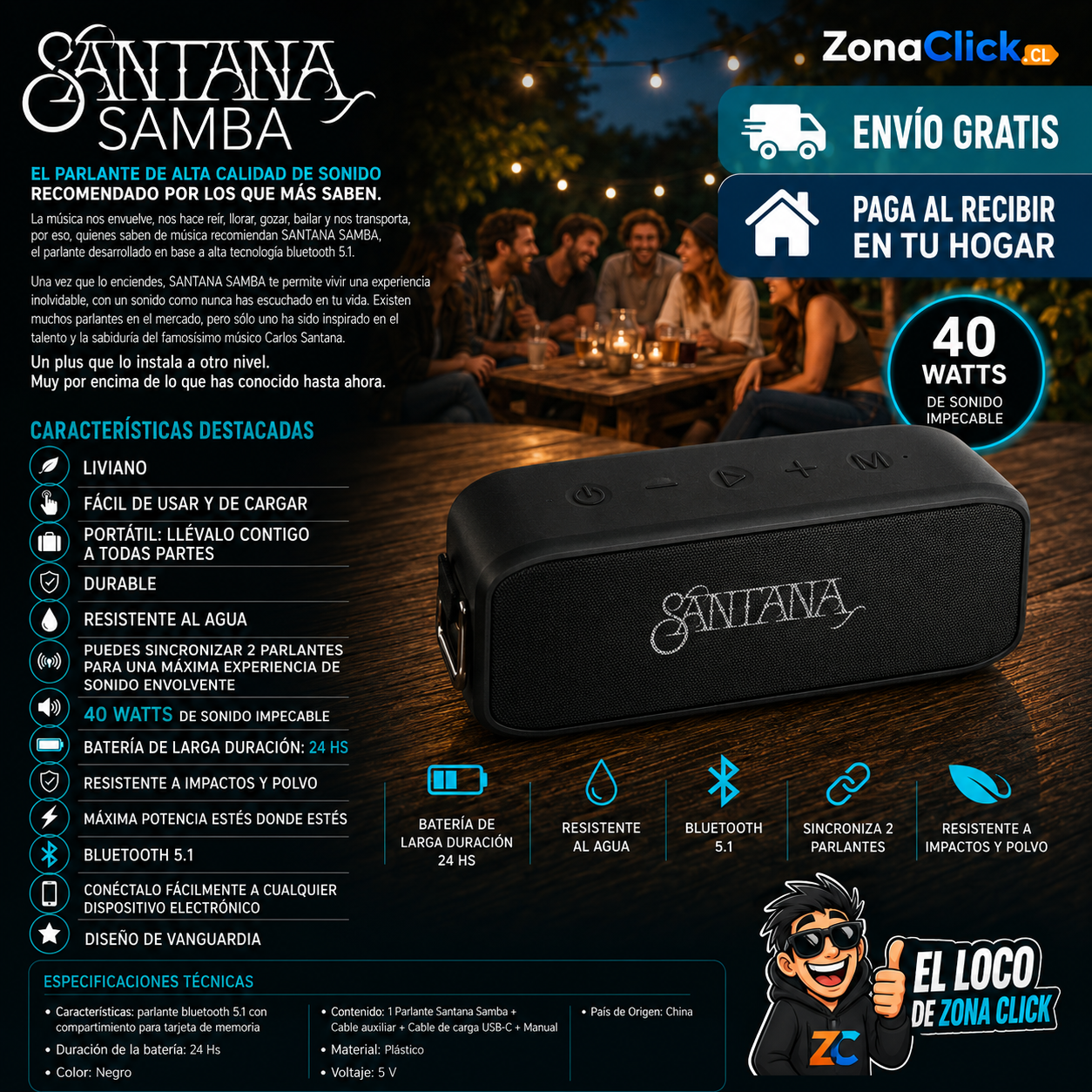 🎶Santana Samba: 🔊 Parlante Bluetooth 5.1 🎶+ ENVÍO GRATIS + PAGA AL RECIBIR 🏠