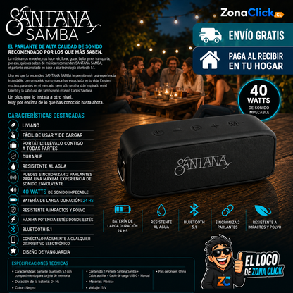 🎶Santana Samba: 🔊 Parlante Bluetooth 5.1 🎶+ ENVÍO GRATIS + PAGA AL RECIBIR 🏠