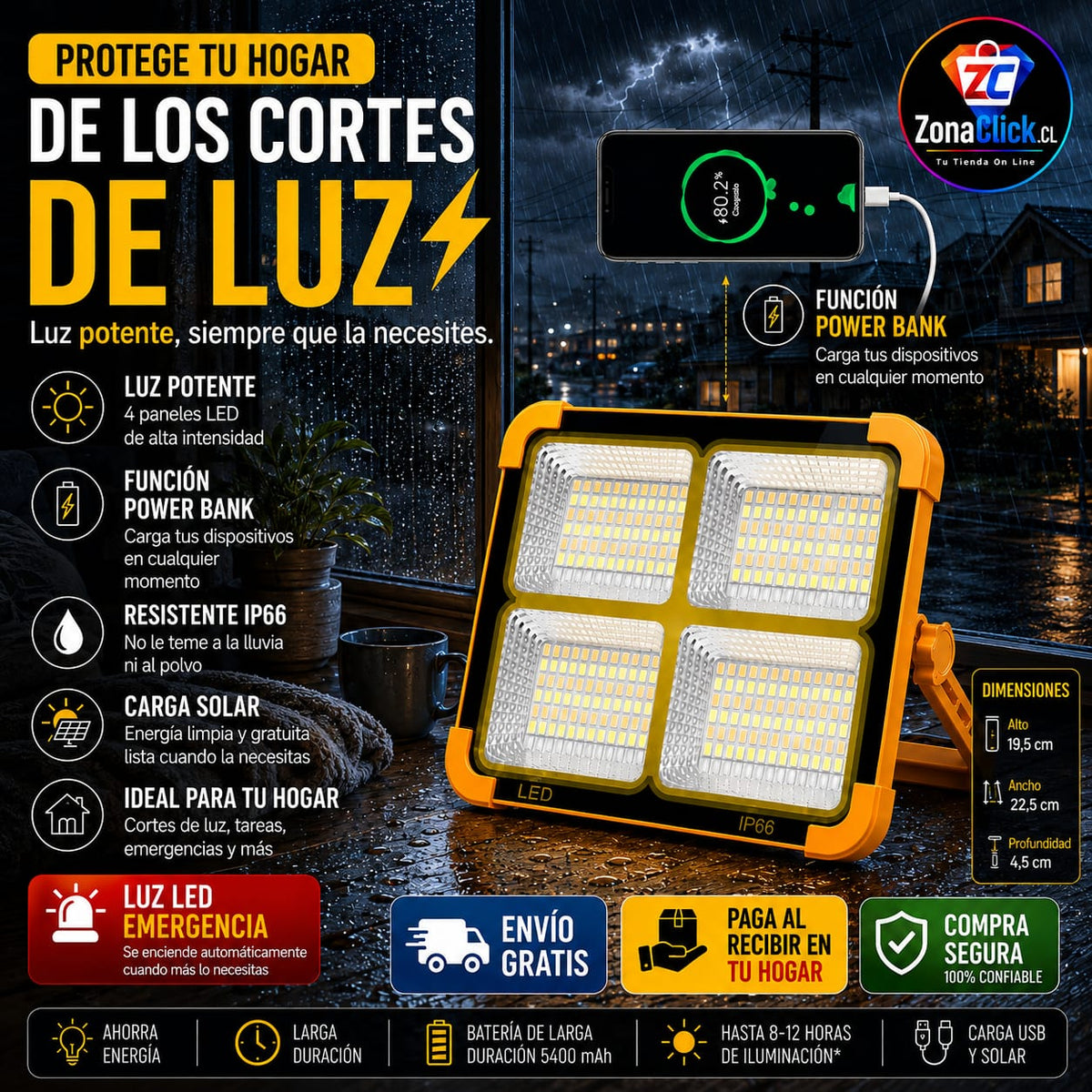 Foco de Emergencia LED Solar Recargable + ENVÍO GRATIS + PAGA AL RECIBIR