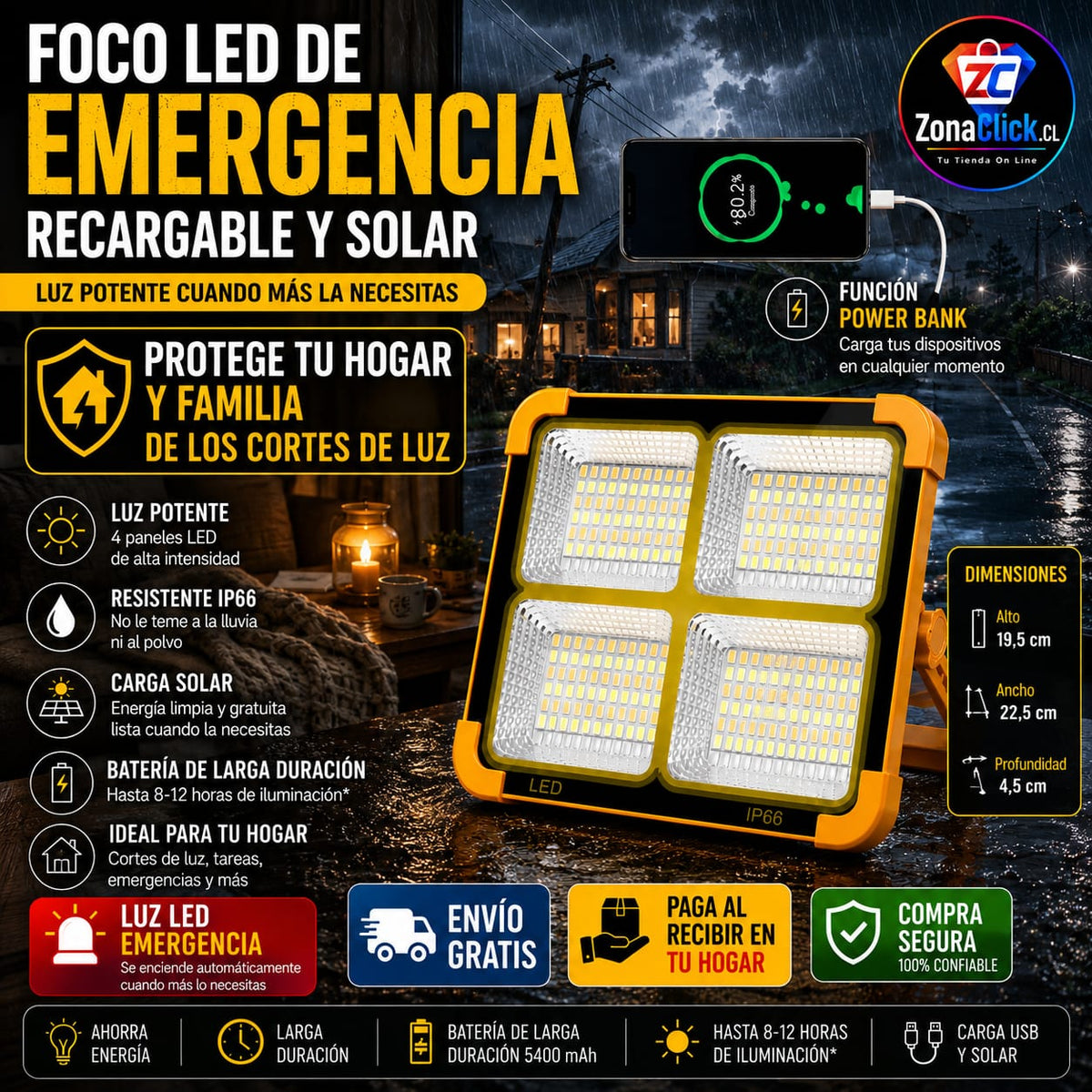 Foco de Emergencia LED Solar Recargable + ENVÍO GRATIS + PAGA AL RECIBIR