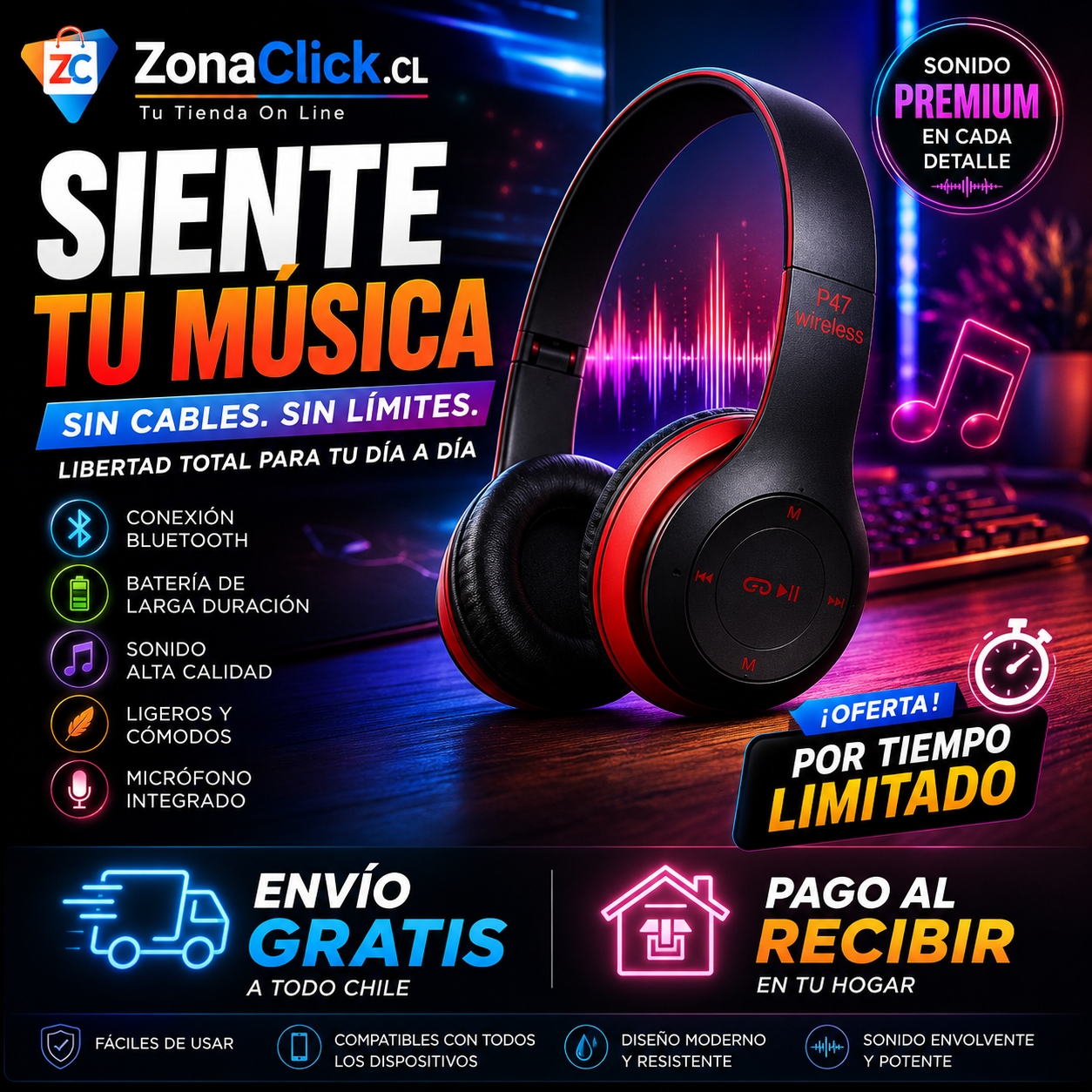🎵Audífonos Bluetooth Inalámbricos P47 + 🚚 ENVÍO GRATIS + PAGA AL RECIBIR 🏠
