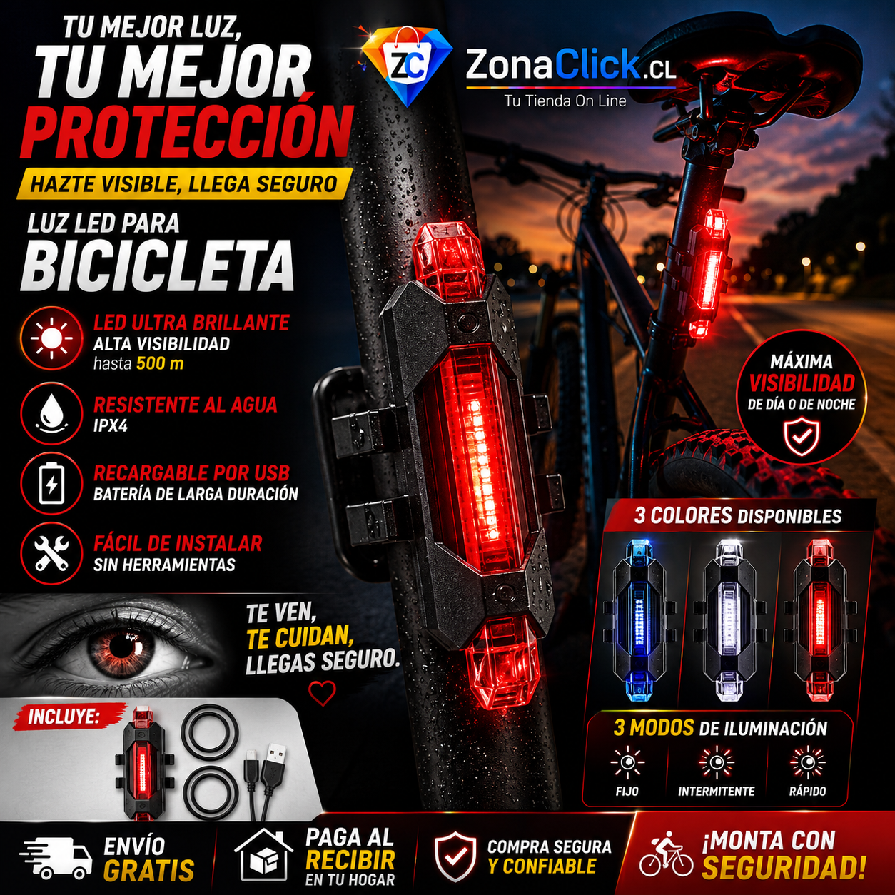 🚴♂️ LUZ LED TRASERA PARA BICICLETA RECARGABLE + ENVIO GRATIS🏡