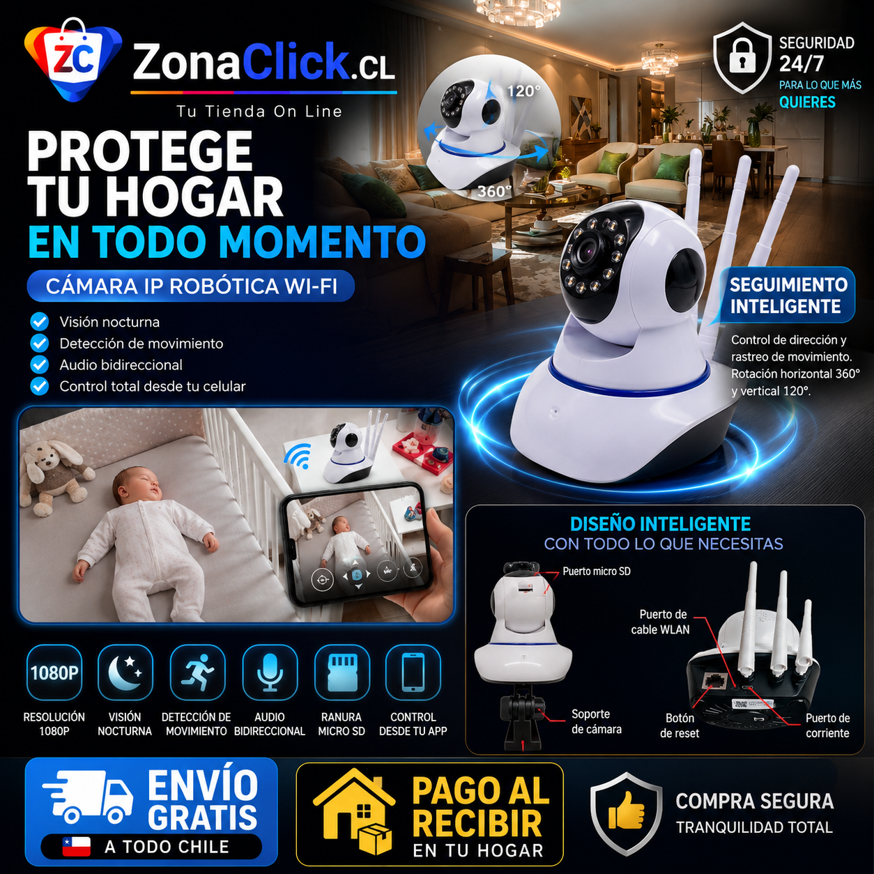 Cámara IP Robótica de Seguridad Wi-Fi Visión Nocturna + ENVÍO GRATIS + PAGA AL RECIBIR