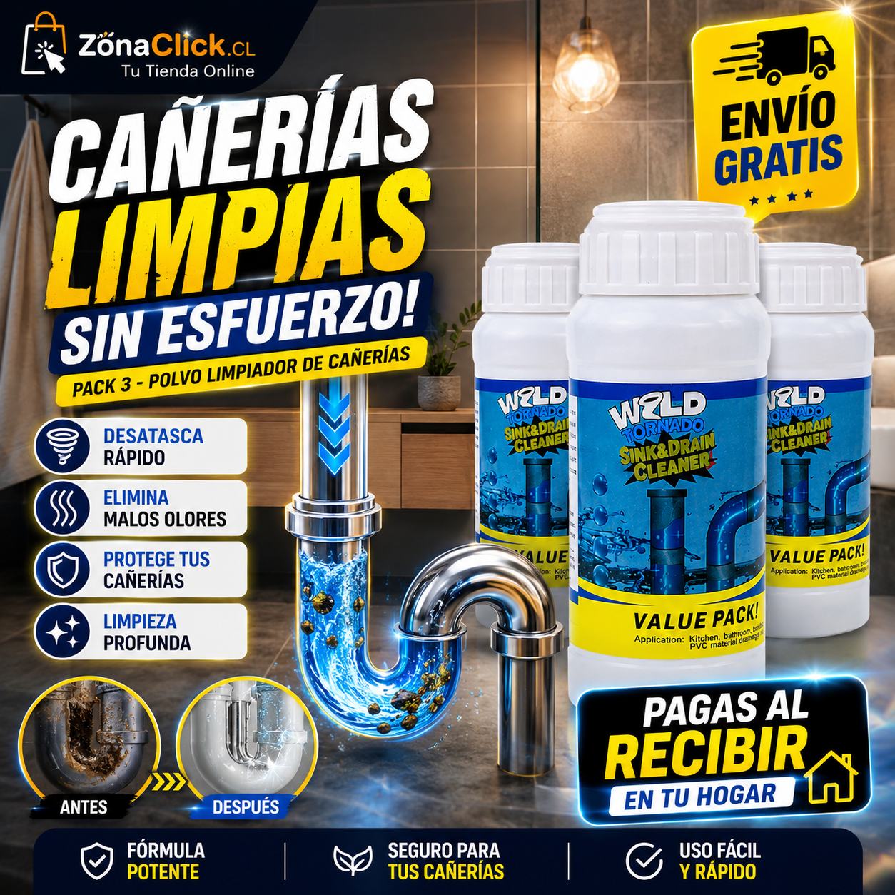 Pack 3 - Polvo Limpiador de Cañerías + ENVÍO GRATIS + PAGAS AL RECIBIR 🏠