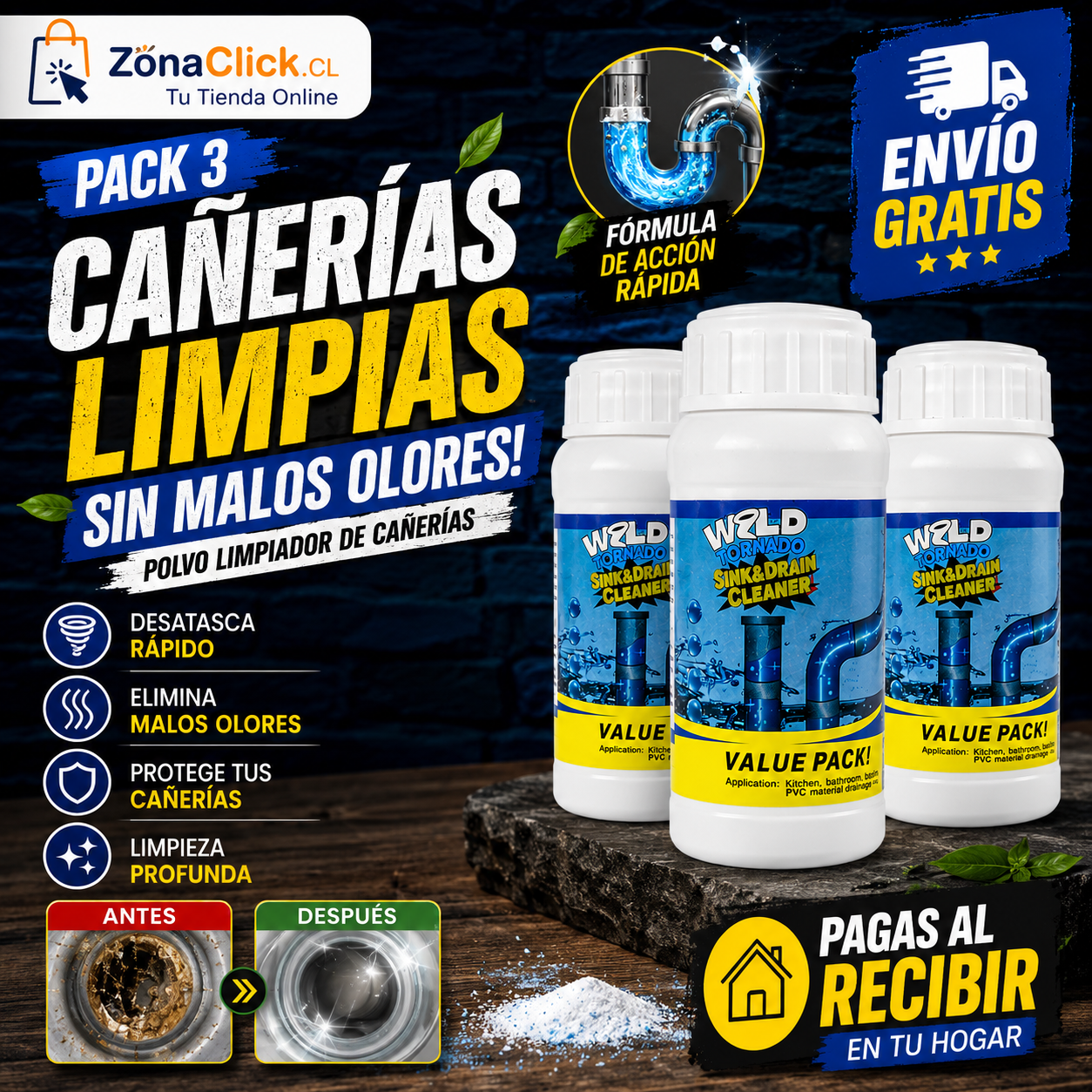 Pack 3 - Polvo Limpiador de Cañerías + ENVÍO GRATIS + PAGAS AL RECIBIR 🏠