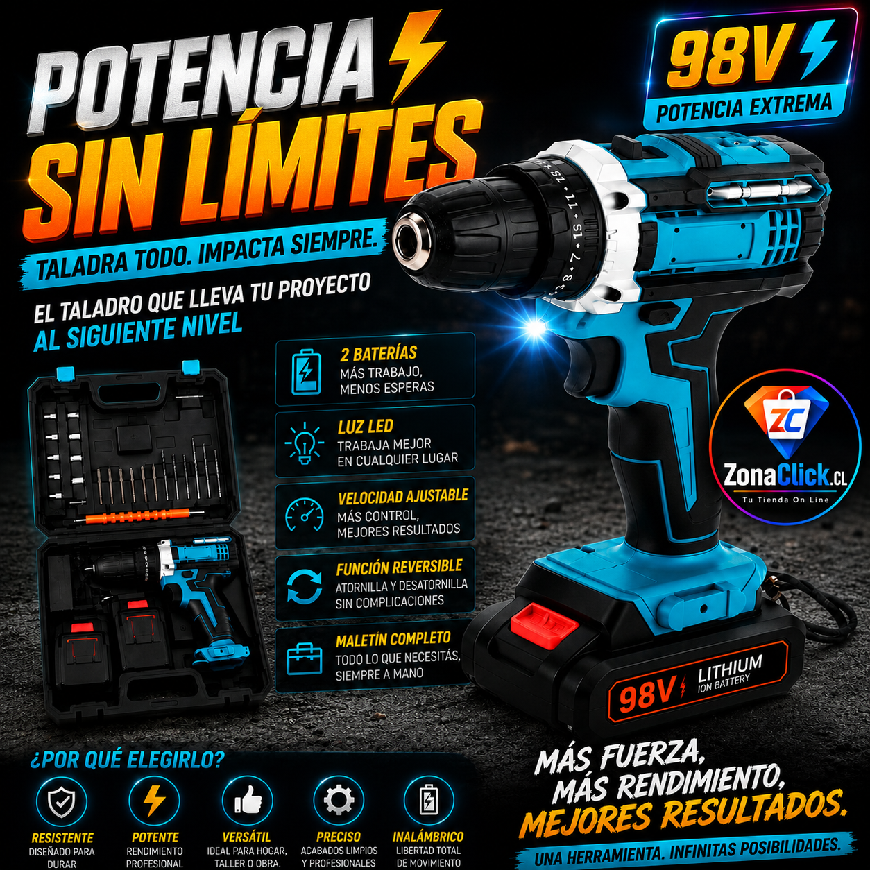 SET TALADRO INALAMBRICO 98V + 2 BATERÍA Y ACCESORIOS + ENVÍO GRATIS