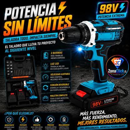 SET TALADRO INALAMBRICO 98V + 2 BATERÍA Y ACCESORIOS + ENVÍO GRATIS