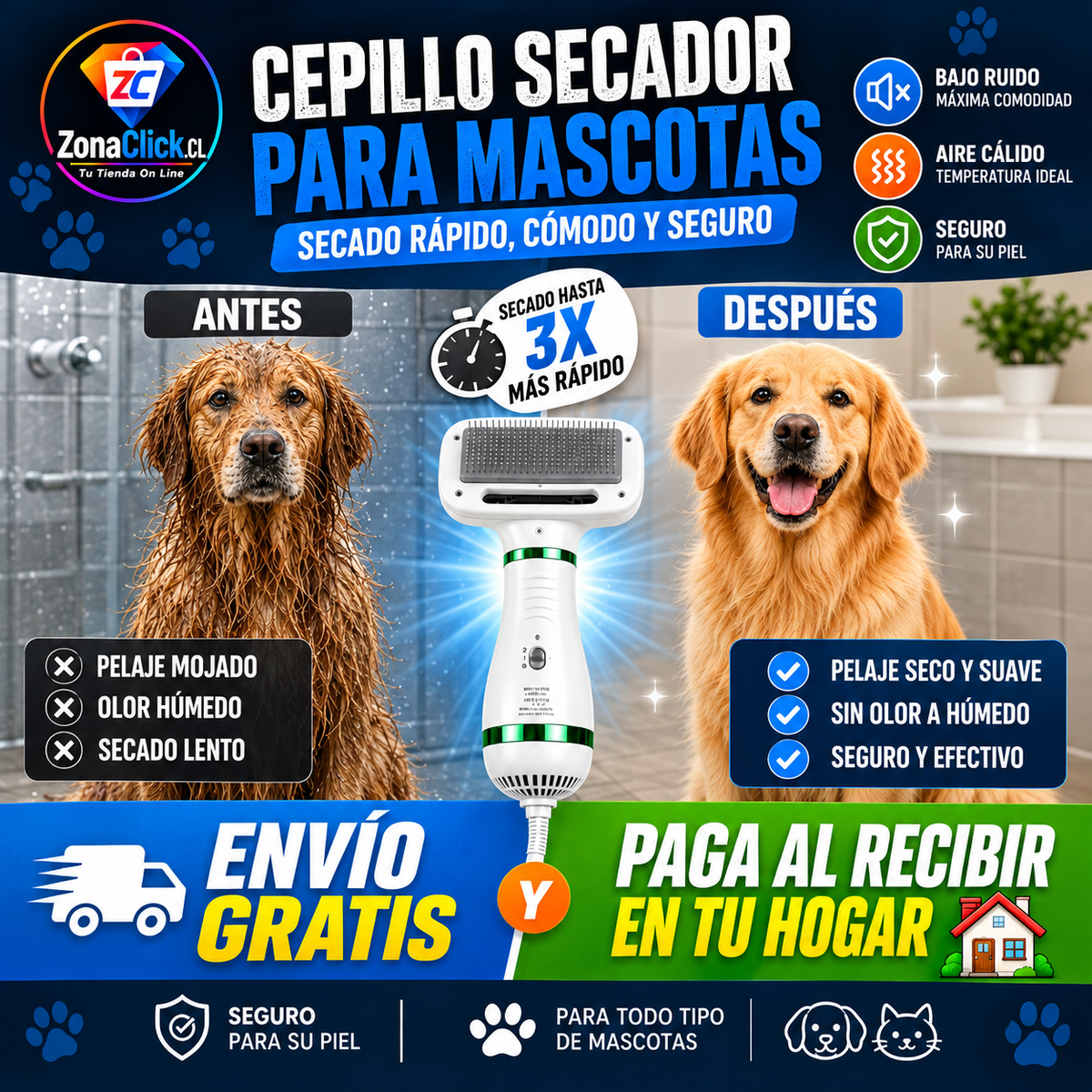 🐾Cepillo Secador Pelo Mascotas 2 En 1 🐶ENVÍO GRATIS 💵 PAGA AL RECIBIR 🏠