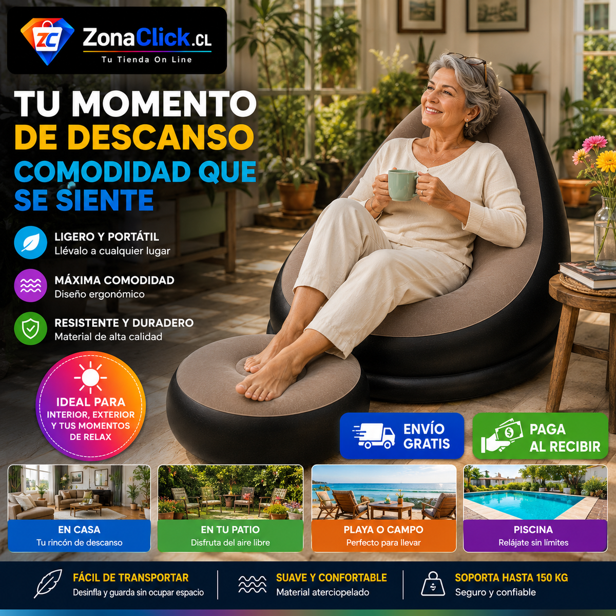 Sofá Inflable + Reposa Pies de Regalo + 🚚 ENVÍO GRATIS + PAGA AL RECIBIR 🏡