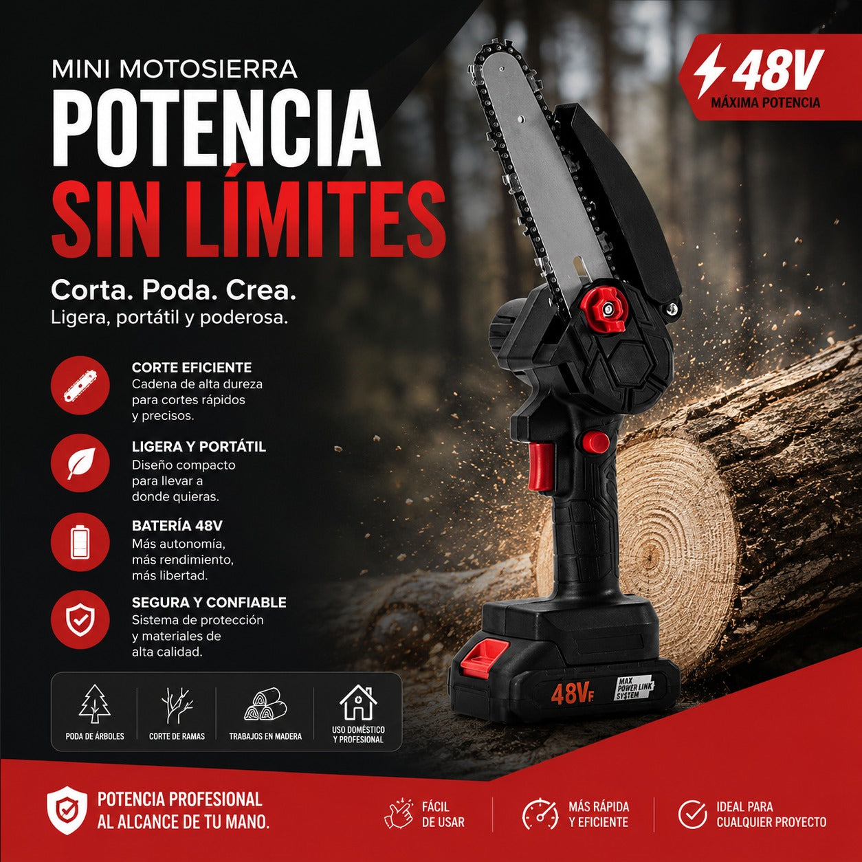 Kit Mini Motosierra Inalámbrica 48v 2 Baterías + ENVÍO GRATIS