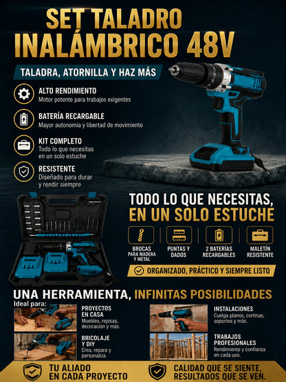 SET TALADRO INALAMBRICO 48V CON MALETA Y ACCESORIOS + 2 BATERÍAS
