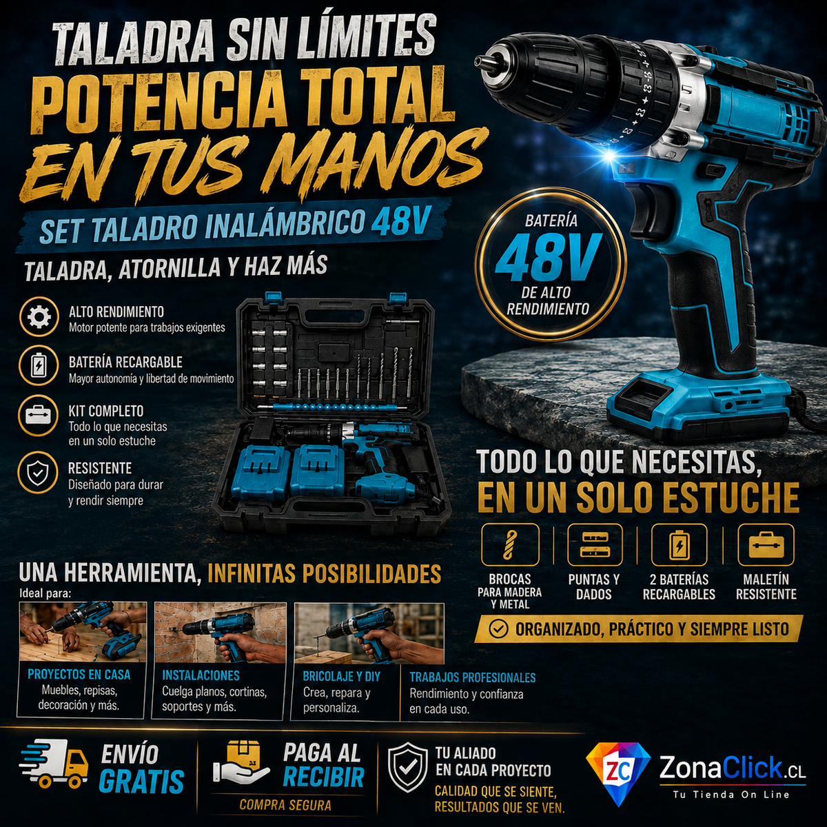SET TALADRO INALAMBRICO 48V CON MALETA Y ACCESORIOS + 2 BATERÍAS