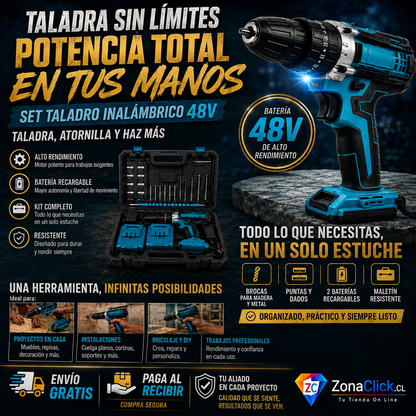 SET TALADRO INALAMBRICO 48V CON MALETA Y ACCESORIOS + 2 BATERÍAS