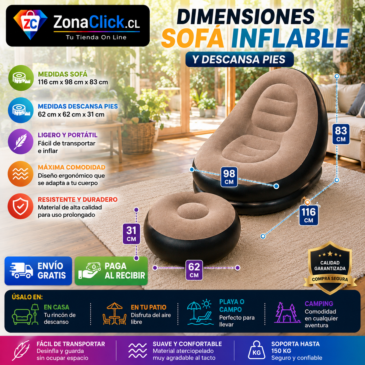 Sofá Inflable + Reposa Pies de Regalo + 🚚 ENVÍO GRATIS + PAGA AL RECIBIR 🏡