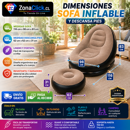 Sofá Inflable + Reposa Pies de Regalo + 🚚 ENVÍO GRATIS + PAGA AL RECIBIR 🏡