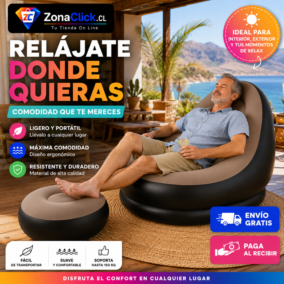 Sofá Inflable + Reposa Pies de Regalo + 🚚 ENVÍO GRATIS + PAGA AL RECIBIR 🏡