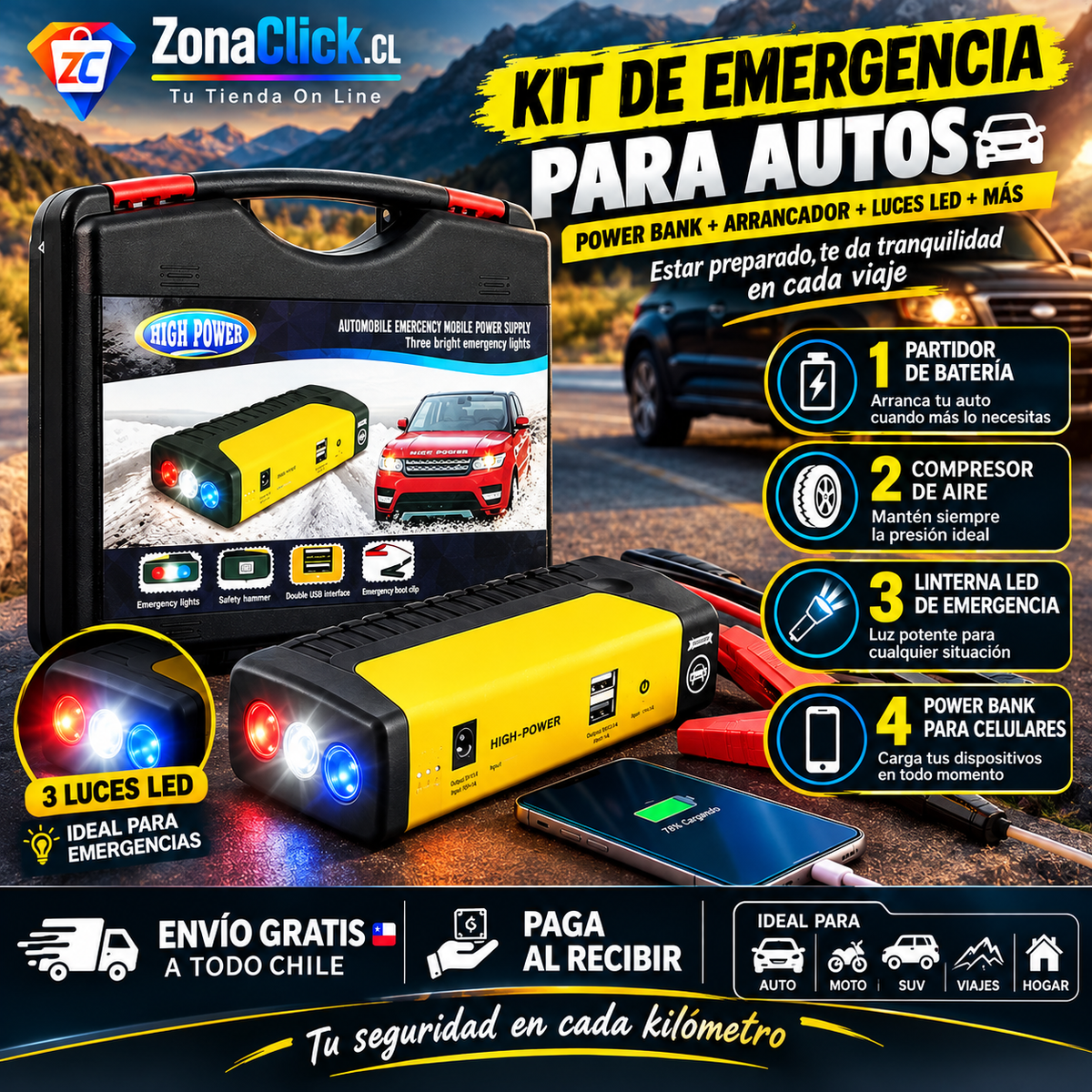 🚨KIT EMERGENCIA: ⚡Partidor de Bateria Auto Multifuncional + Inflador🛞 de Regalo 🚚ENVÍO GRATIS + PAGA AL RECIBIR🏠