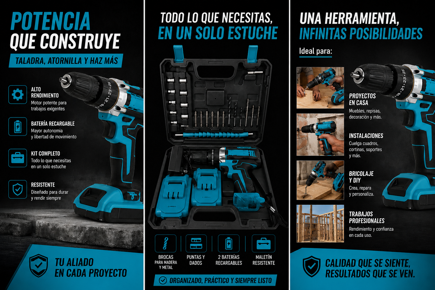 SET TALADRO INALAMBRICO 98V + 2 BATERÍA Y ACCESORIOS + ENVÍO GRATIS