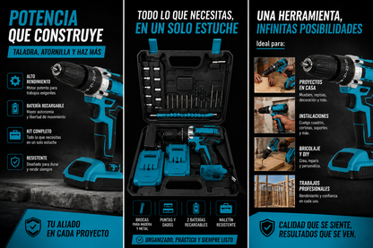 SET TALADRO INALAMBRICO 98V + 2 BATERÍA Y ACCESORIOS + ENVÍO GRATIS