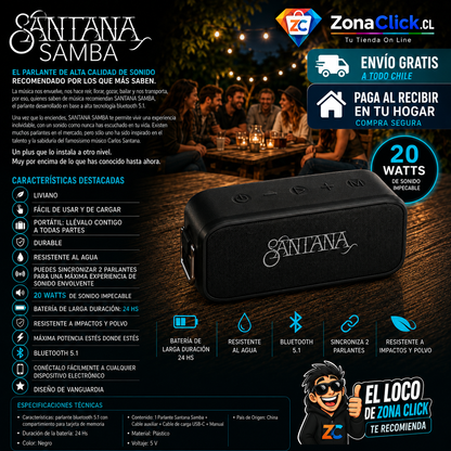 🎶Santana Samba: 🔊 Parlante Bluetooth 5.1 🎶+ ENVÍO GRATIS + PAGA AL RECIBIR 🏠