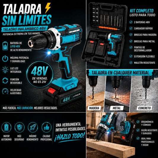 SET TALADRO INALAMBRICO 48V CON MALETA Y ACCESORIOS + 2 BATERÍAS