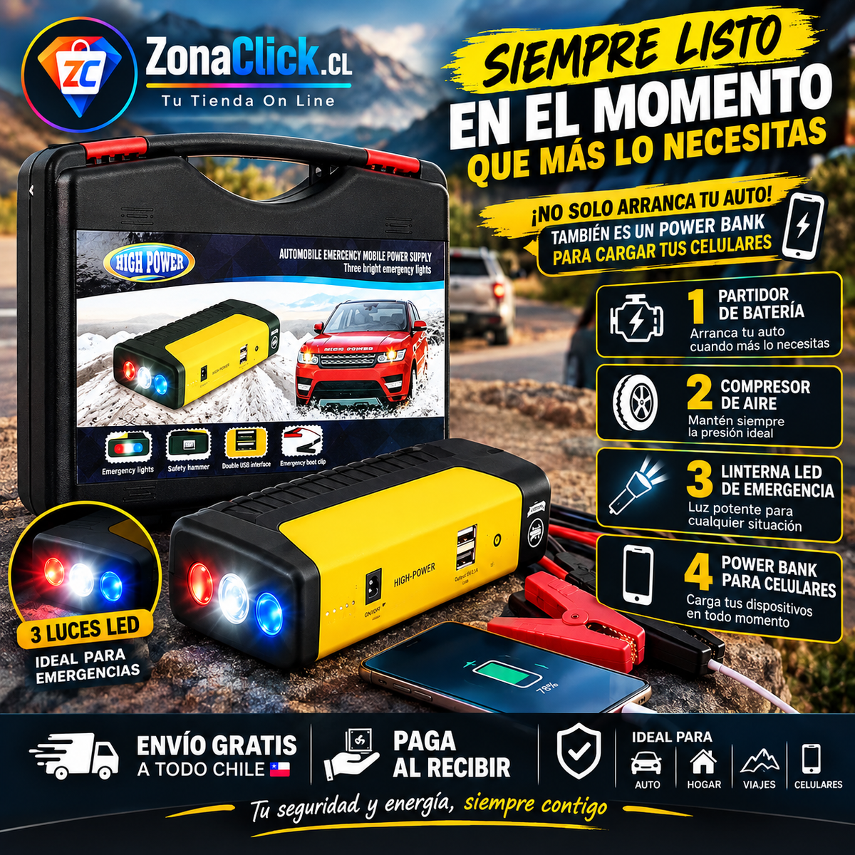 🚨KIT EMERGENCIA: ⚡Partidor de Bateria Auto Multifuncional + Inflador🛞 de Regalo 🚚ENVÍO GRATIS + PAGA AL RECIBIR🏠