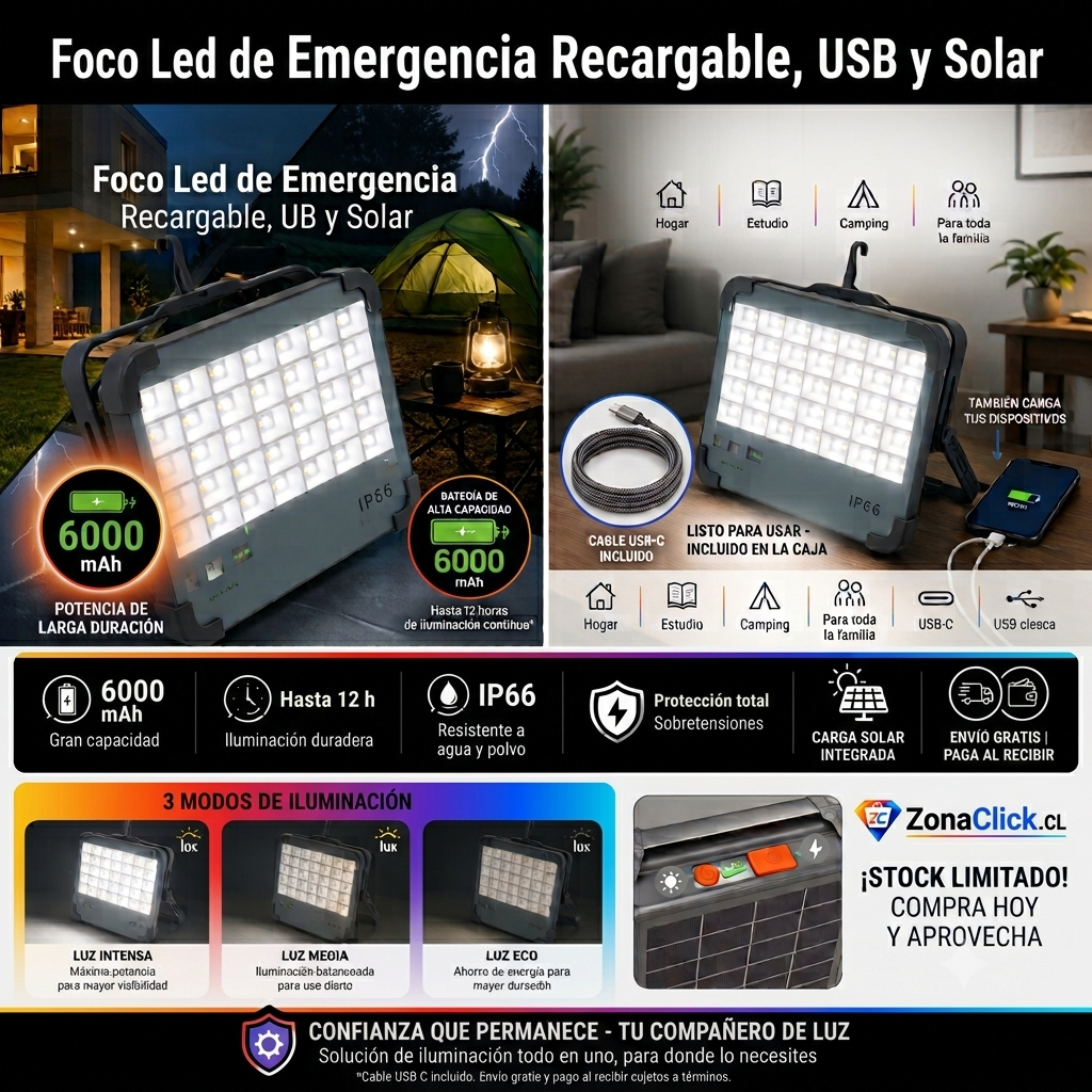 Foco Led 100w Emergencia Recargable USB y Solar + 🔥POWER BANK 6000 mAh🔥+ ENVÍO GRATIS 🏠