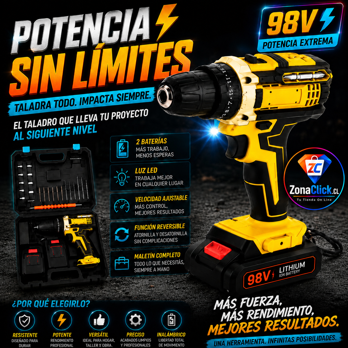 SET TALADRO INALAMBRICO 98V + 2 BATERÍA Y ACCESORIOS + ENVÍO GRATIS