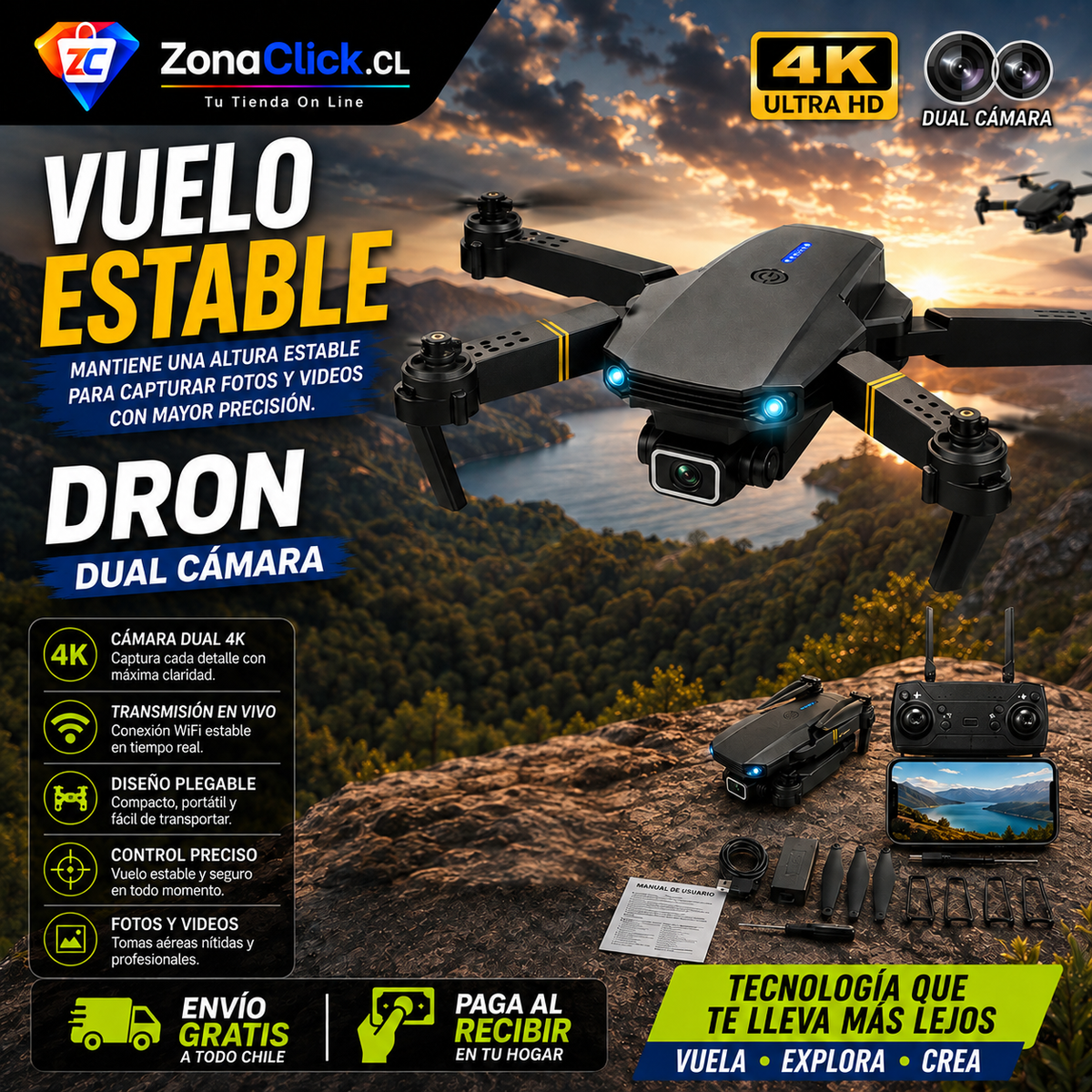 Dron E88 Pro Dual Camera ™ 4K + 🚚ENVÍO GRATIS + PAGA AL RECIBIR 🏡