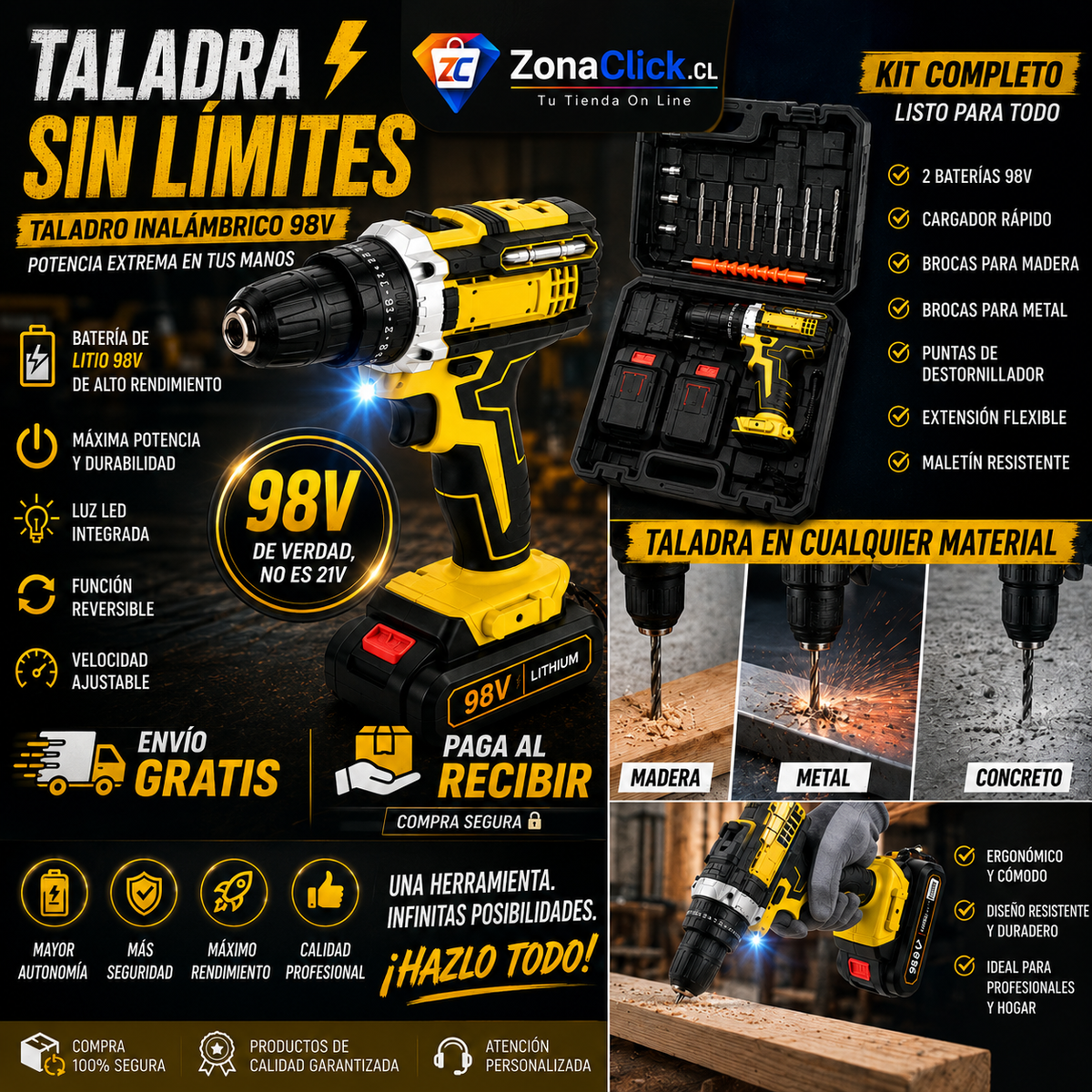 SET TALADRO INALAMBRICO 98V + 2 BATERÍA Y ACCESORIOS + ENVÍO GRATIS