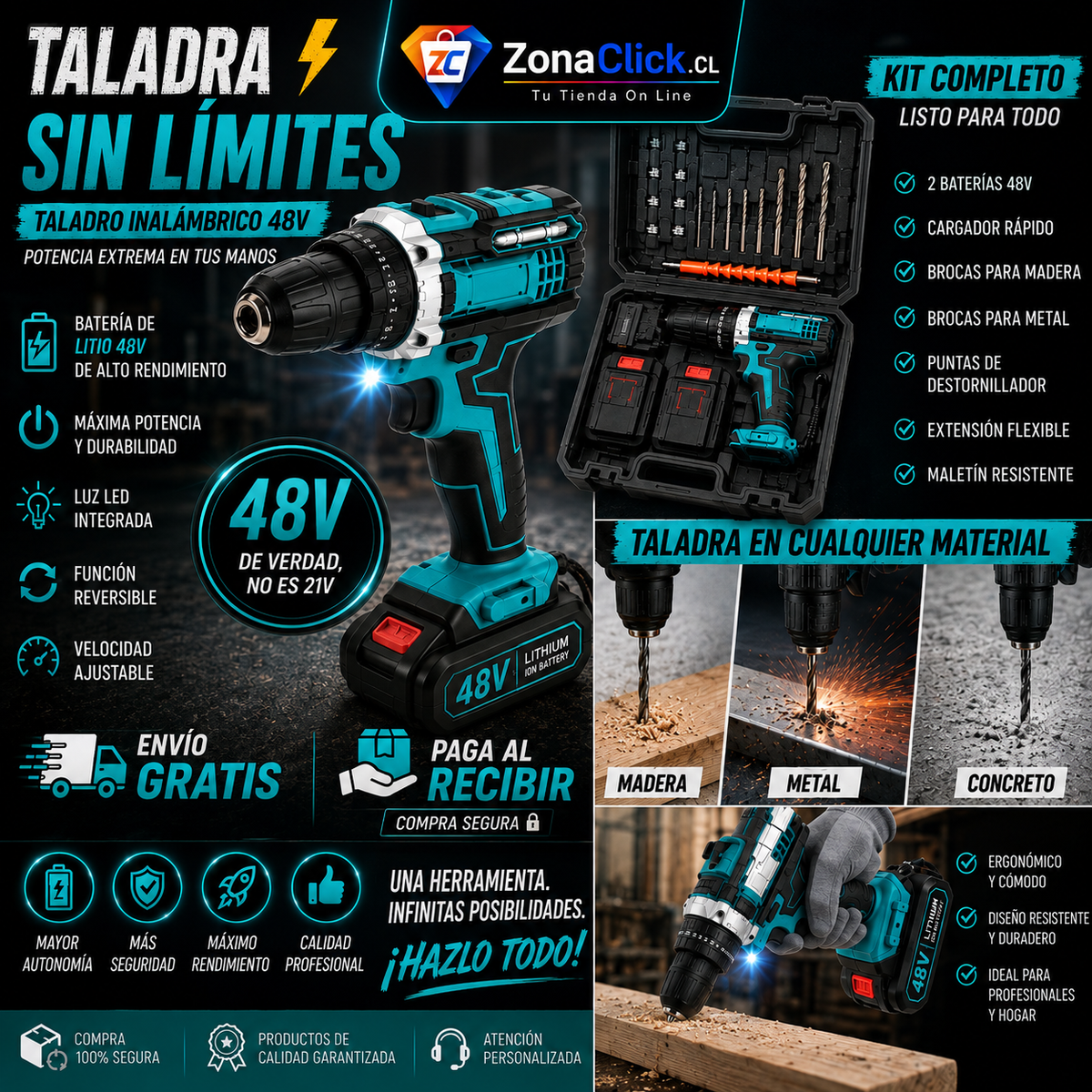SET TALADRO INALAMBRICO 48V CON MALETA Y ACCESORIOS + 2 BATERÍAS