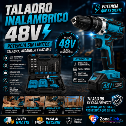 SET TALADRO INALAMBRICO 48V CON MALETA Y ACCESORIOS + 2 BATERÍAS