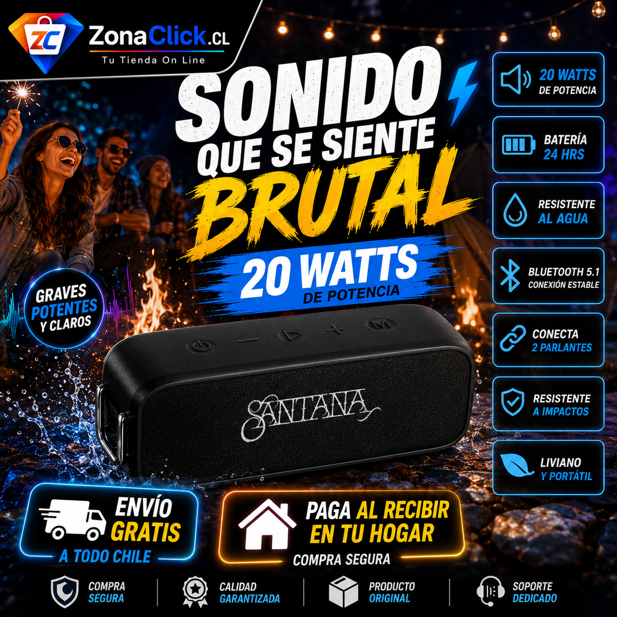 🎶Santana Samba: 🔊 Parlante Bluetooth 5.1 🎶+ ENVÍO GRATIS + PAGA AL RECIBIR 🏠
