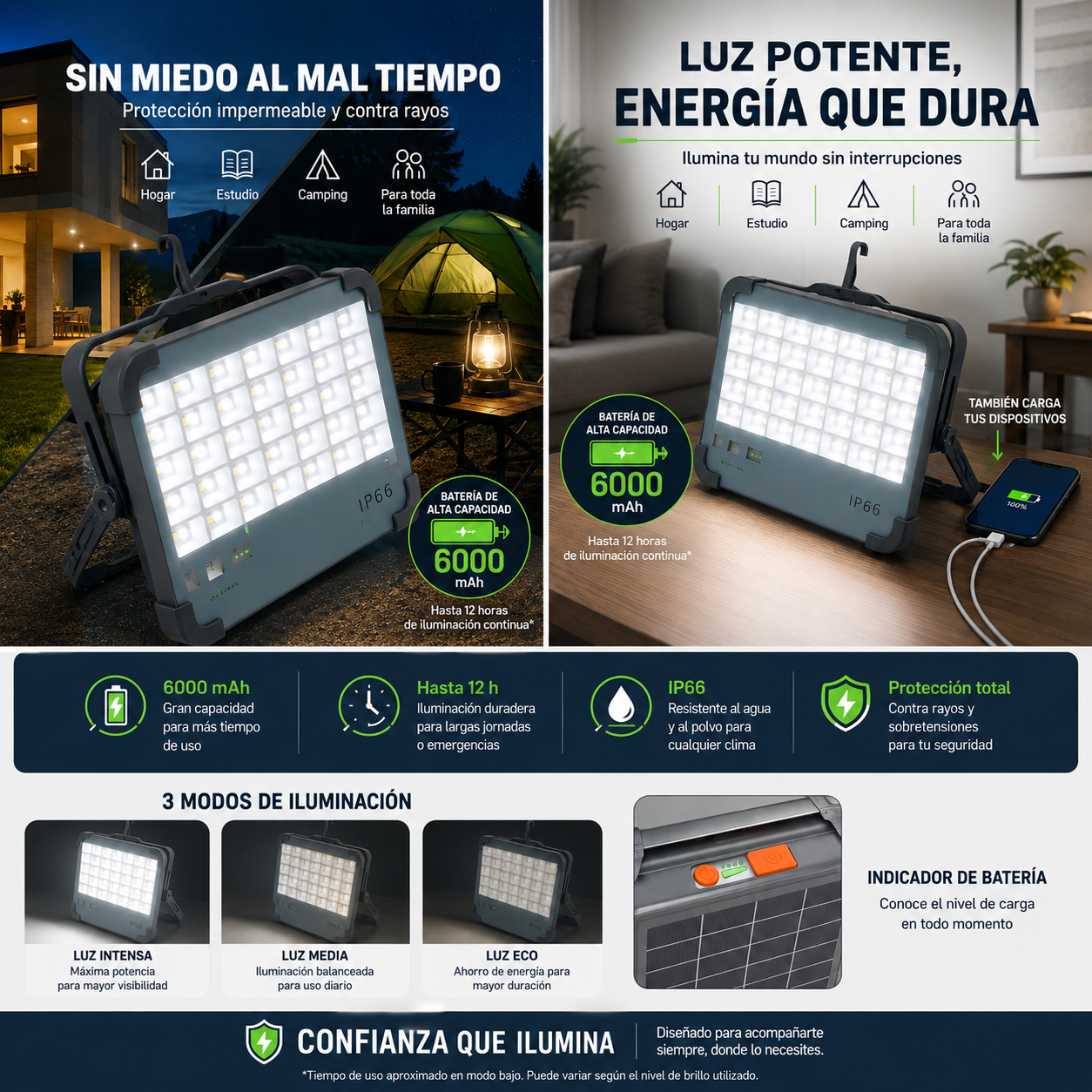 Foco Led 100w Emergencia Recargable USB y Solar + 🔥POWER BANK 6000 mAh🔥+ ENVÍO GRATIS 🏠