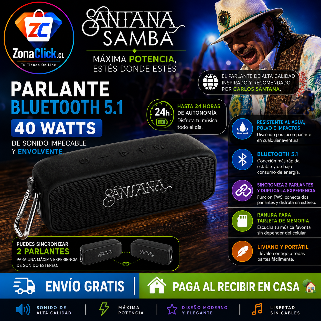 🎶Santana Samba: 🔊 Parlante Bluetooth 5.1 🎶+ ENVÍO GRATIS + PAGA AL RECIBIR 🏠