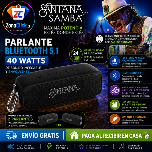 🎶Santana Samba: 🔊 Parlante Bluetooth 5.1 🎶+ ENVÍO GRATIS + PAGA AL RECIBIR 🏠