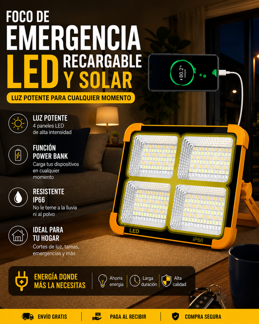 Foco de Emergencia LED Solar Recargable + ENVÍO GRATIS + PAGA AL RECIBIR