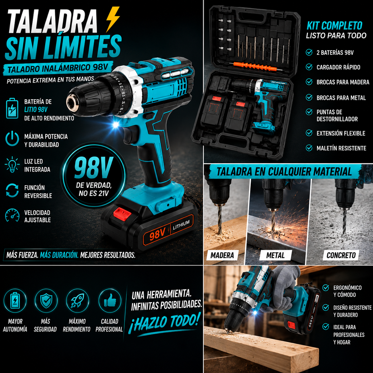 SET TALADRO INALAMBRICO 98V + 2 BATERÍA Y ACCESORIOS + ENVÍO GRATIS