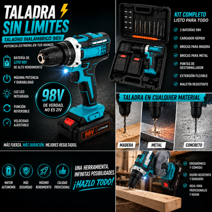 SET TALADRO INALAMBRICO 98V + 2 BATERÍA Y ACCESORIOS + ENVÍO GRATIS